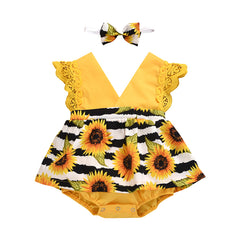 Newborn Baby Girl Lace Ruffle Sunflower Romper Set