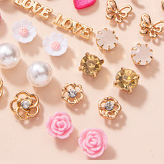 A Set of 30 Pairs of Letter, Butterfly, Heart, Small Flower, Teardrop, and Snowflake Fashion Stud Earrings