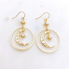 Elegant Boho-Chic Golden-Tone Moonstone Dangle Earrings for Women - Crescent Moon with Star Motifs, Zinc Alloy, Perfect for Daily Wear & Parties, Moon Earrings