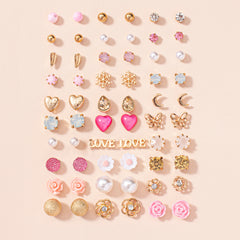A Set of 30 Pairs of Letter, Butterfly, Heart, Small Flower, Teardrop, and Snowflake Fashion Stud Earrings