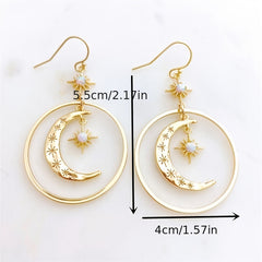 Elegant Boho-Chic Golden-Tone Moonstone Dangle Earrings for Women - Crescent Moon with Star Motifs, Zinc Alloy, Perfect for Daily Wear & Parties, Moon Earrings