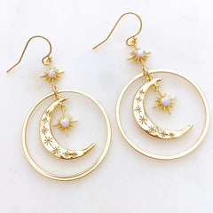 Elegant Boho-Chic Golden-Tone Moonstone Dangle Earrings for Women - Crescent Moon with Star Motifs, Zinc Alloy, Perfect for Daily Wear & Parties, Moon Earrings