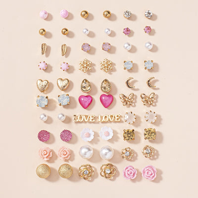 A Set of 30 Pairs of Letter, Butterfly, Heart, Small Flower, Teardrop, and Snowflake Fashion Stud Earrings