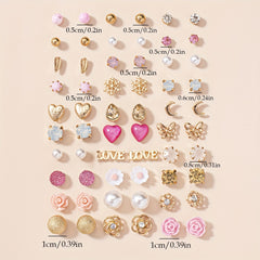 A Set of 30 Pairs of Letter, Butterfly, Heart, Small Flower, Teardrop, and Snowflake Fashion Stud Earrings