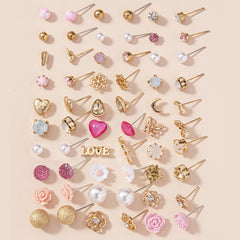 A Set of 30 Pairs of Letter, Butterfly, Heart, Small Flower, Teardrop, and Snowflake Fashion Stud Earrings