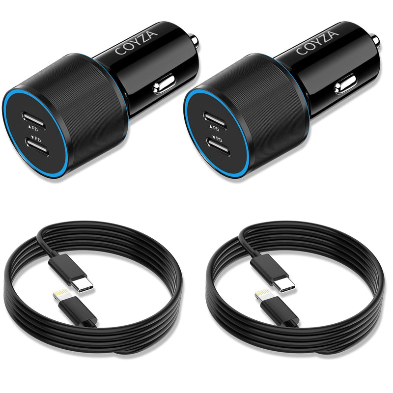 [2 Pack] COYZA USB C Fast Car Charger [Apple MFi Certified] Dual 20W PD Cigarette Lighter Compatible with iPhone 14/Pro Max/Pro/Plus/13/12/11/Mini/XS/XR/8/SE iPad + 2x3.3FT Lightning Cable Cord