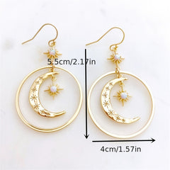 Elegant Boho-Chic Golden-Tone Moonstone Dangle Earrings for Women - Crescent Moon with Star Motifs, Zinc Alloy, Perfect for Daily Wear & Parties, Moon Earrings