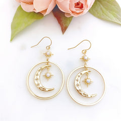 Elegant Boho-Chic Golden-Tone Moonstone Dangle Earrings for Women - Crescent Moon with Star Motifs, Zinc Alloy, Perfect for Daily Wear & Parties, Moon Earrings