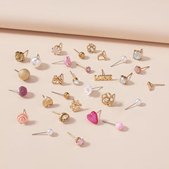 A Set of 30 Pairs of Letter, Butterfly, Heart, Small Flower, Teardrop, and Snowflake Fashion Stud Earrings