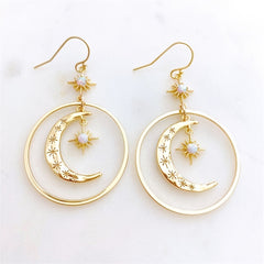 Elegant Boho-Chic Golden-Tone Moonstone Dangle Earrings for Women - Crescent Moon with Star Motifs, Zinc Alloy, Perfect for Daily Wear & Parties, Moon Earrings