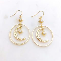 Elegant Boho-Chic Golden-Tone Moonstone Dangle Earrings for Women - Crescent Moon with Star Motifs, Zinc Alloy, Perfect for Daily Wear & Parties, Moon Earrings