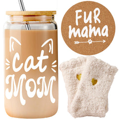 Cat Mom Christmas Gifts for Women Cute Cat Lovers Ice Coffee Cup with Bamboo Lid Straw Crazy Cat Lady Gifts for New Fur Baby Cat Owners Fur Mama Birthday Present - 16oz Can Shape Glass Tea Tumbler