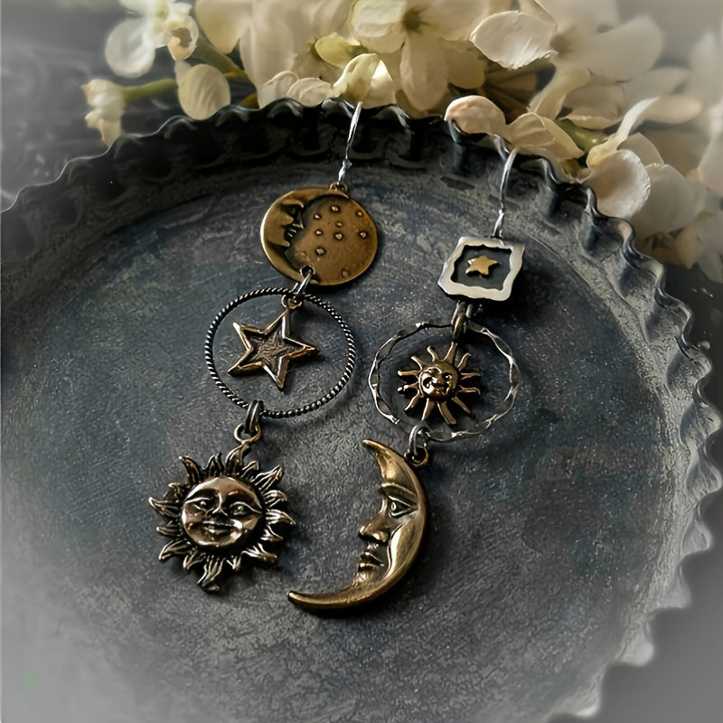 Boho-Chic Sun and Moon Asymmetrical Dangle Earrings for Women – Vintage Alloy Jewelry with Intricate Celestial Design, Perfect for Casual Attire or, Everyday Jewelry | Vintage Aesthetic | Alloy Construction