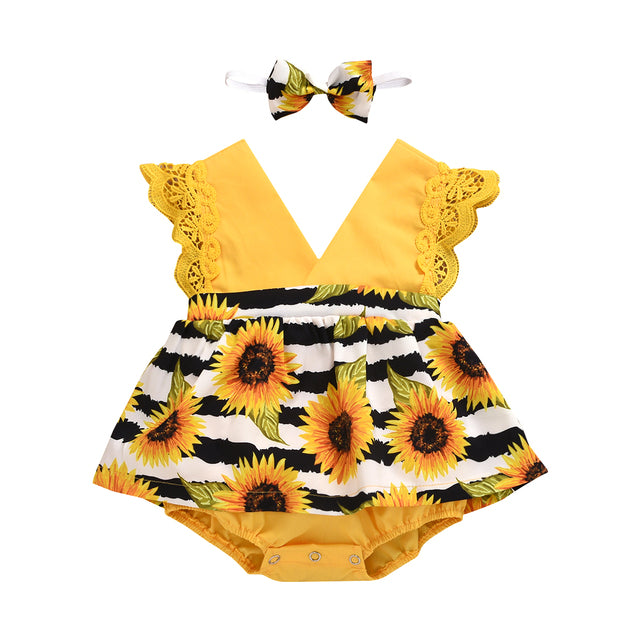 Newborn Baby Girl Lace Ruffle Sunflower Romper Set